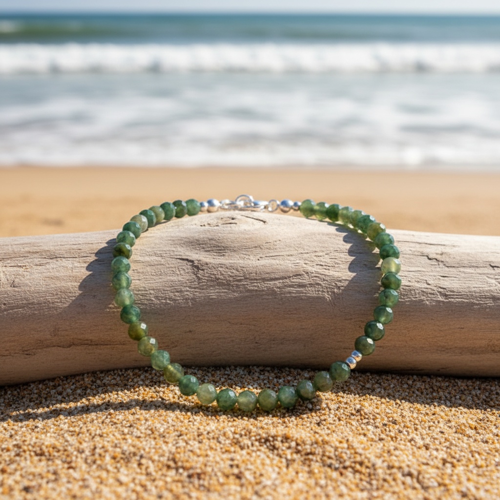 Natural Green Agate Minimalist Bead Bracelet, Wealth Protection